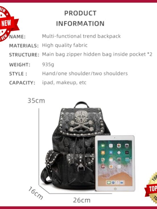 Gothic Skull Embossed Backpack with Rhinestones, Multi-Pocket Daypack main image 6